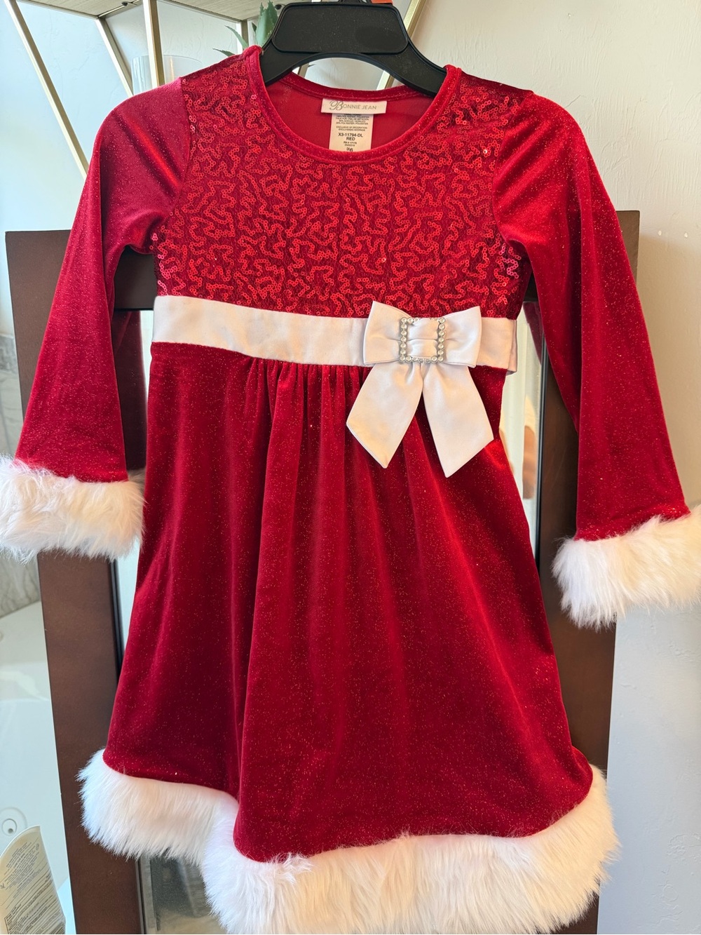 Bonnie Jean Red Velvet Holiday Dress with White Fur Trim and Bow